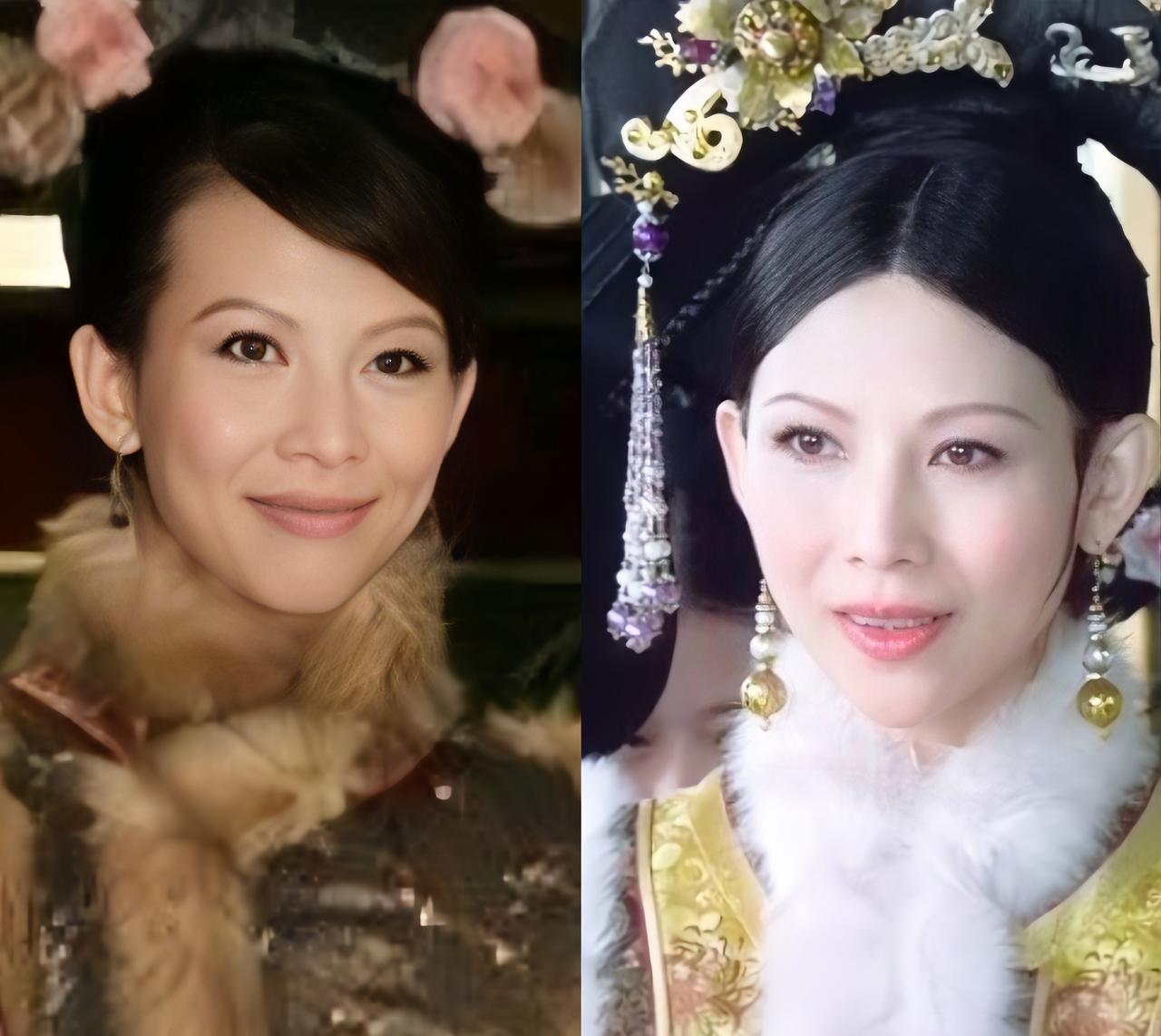 看蔡少芬前后清宫剧对比就特别明显。左边是她当年在TVB拍清宫戏的造型，右边是后来