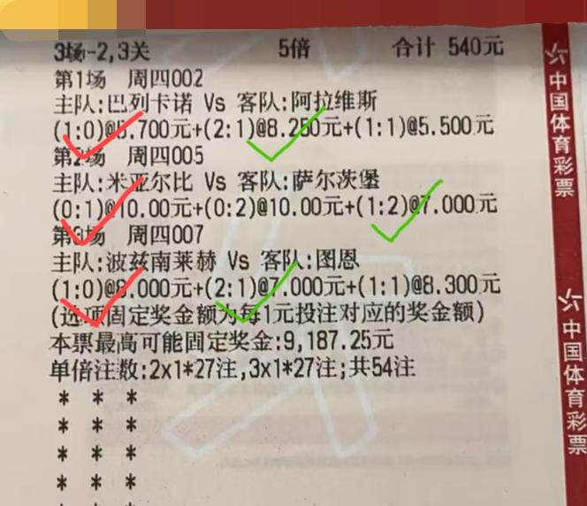 540块买这么几个比分，风险是不是有点太大了。首先，这三场比赛的方向好像都没有