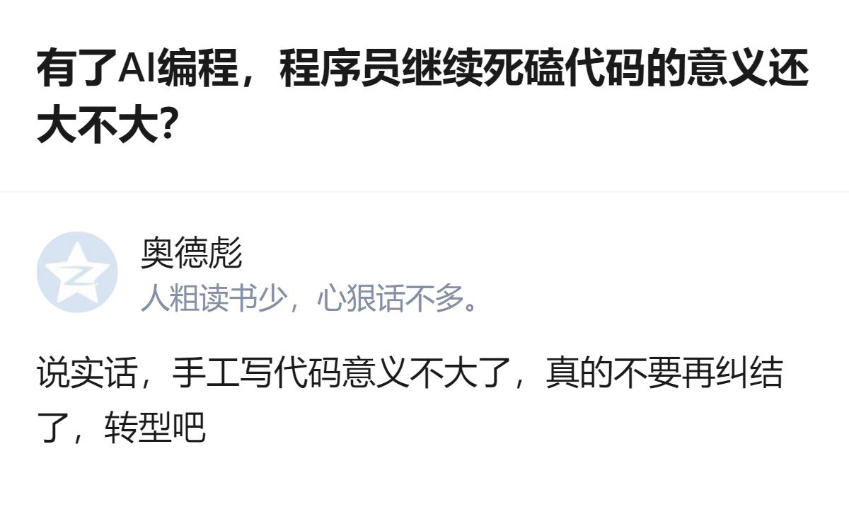针对AI编程普及后程序员是否还要死磕代码的问题，有回答认为手工写代码的意义不大，