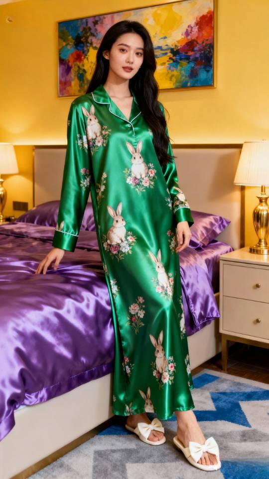 美女展示真丝缎绿色兔子家居服。家居服晨袍