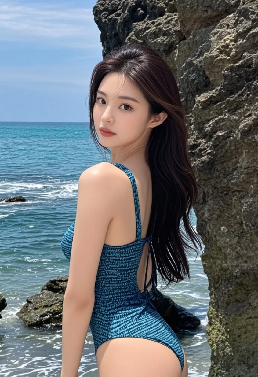 性感泳装美女海边礁石边散发诱人魅力