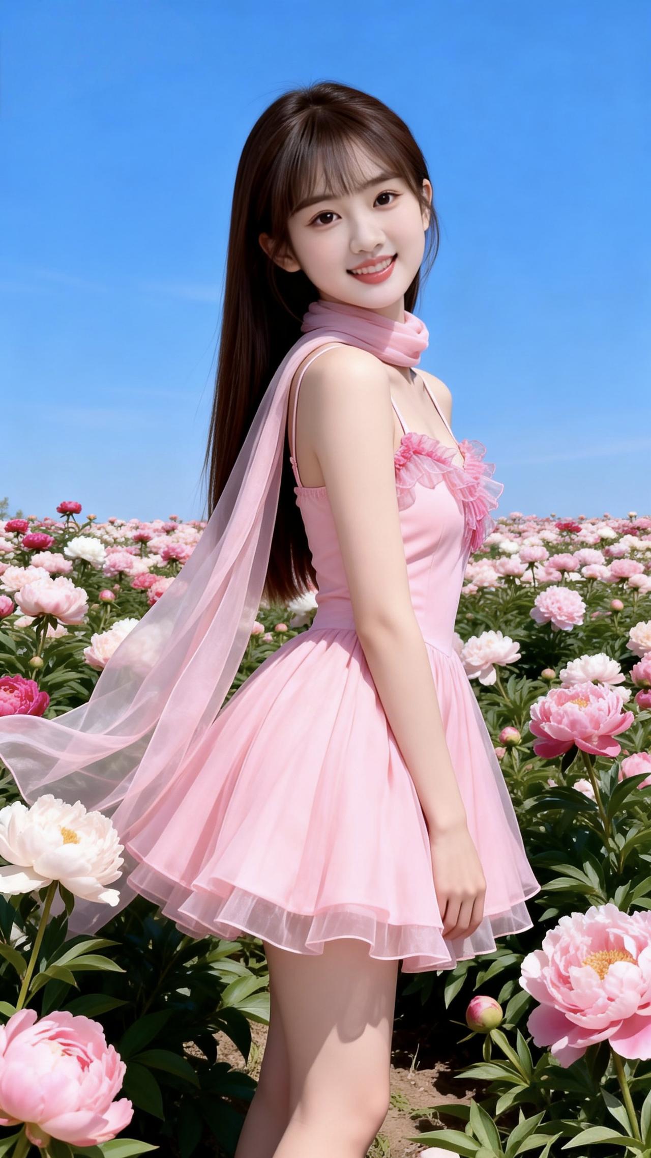 粉衣少女立花丛，笑语盈盈似春风。比花更美的只有你