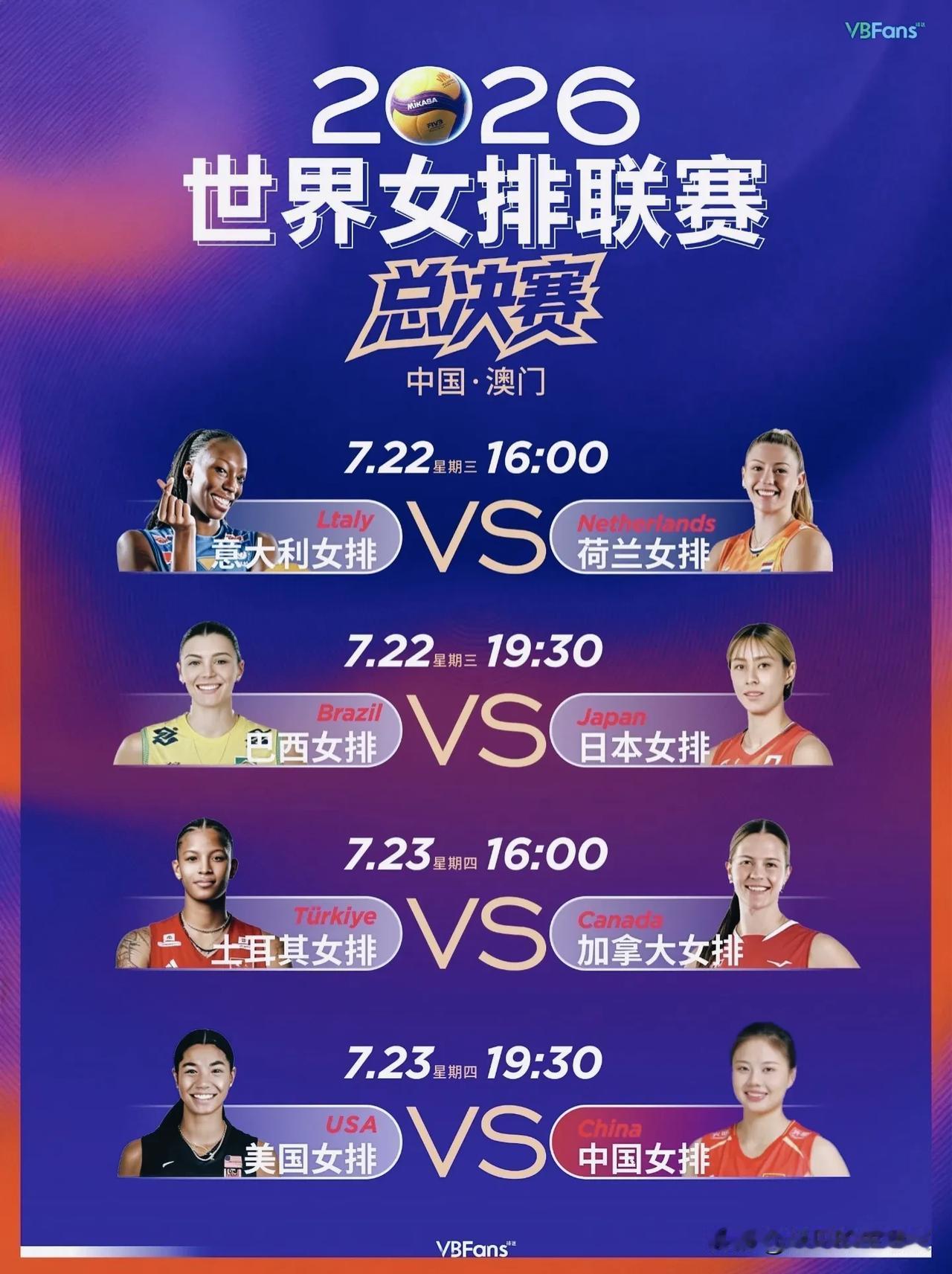 2026世界女排联赛1/4决赛赛程出炉：中美对决锁定7月23日晚间！20