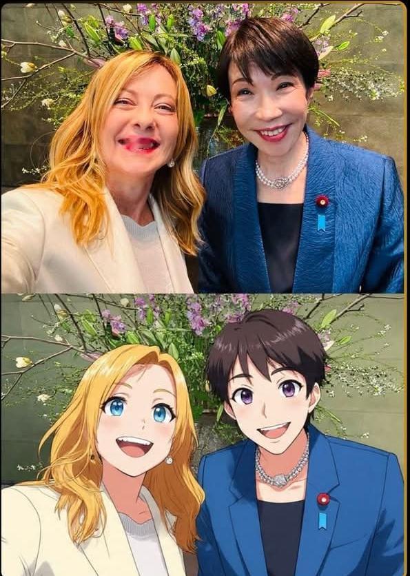 意大利总理梅洛尼发帖：把合照变成动漫风格！！意大利总理梅洛尼访问日本，与日