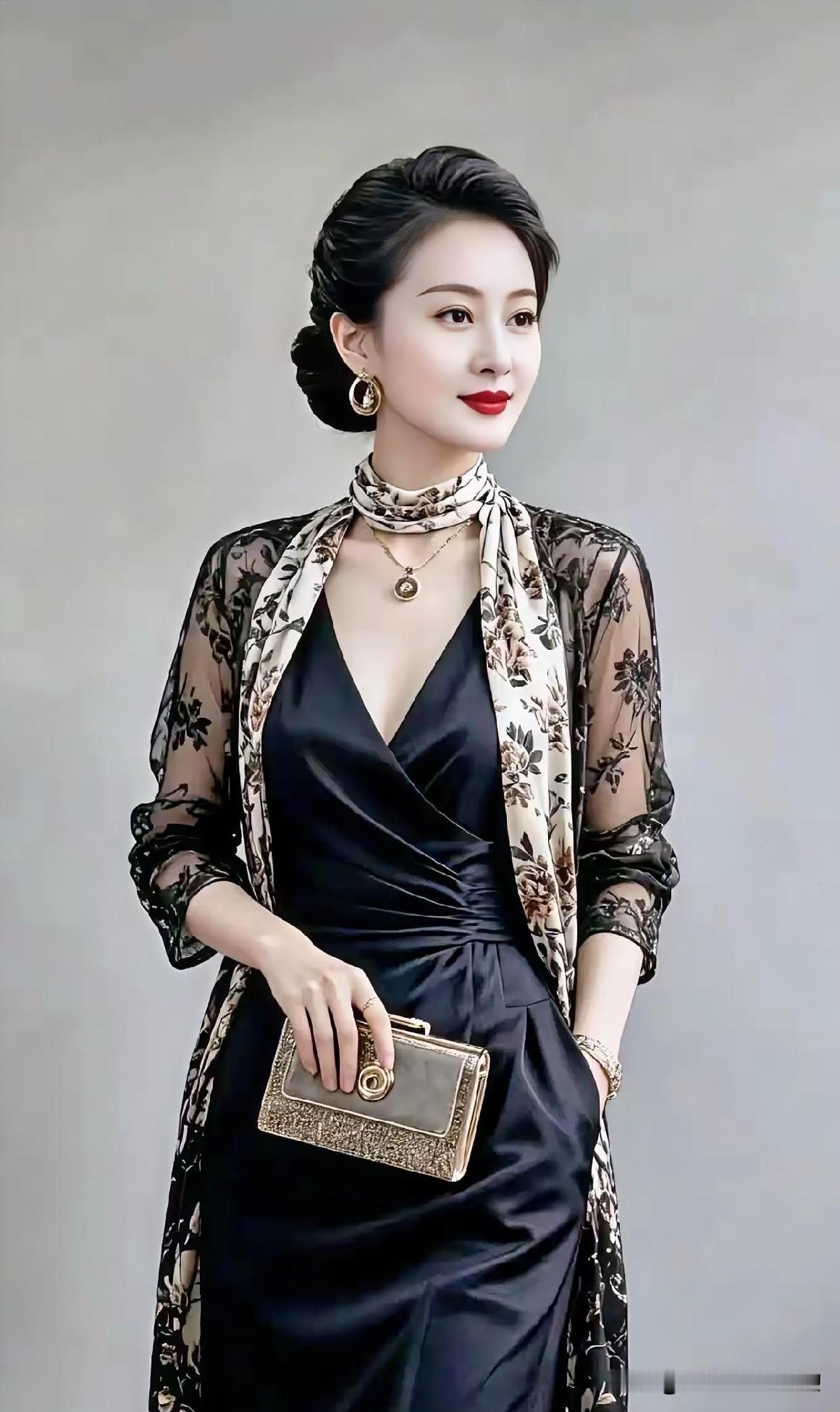 黑纱印花外套搭配丝滑内搭，复古盘发与红唇相映，手持精致手包，尽显优雅高贵气质。
