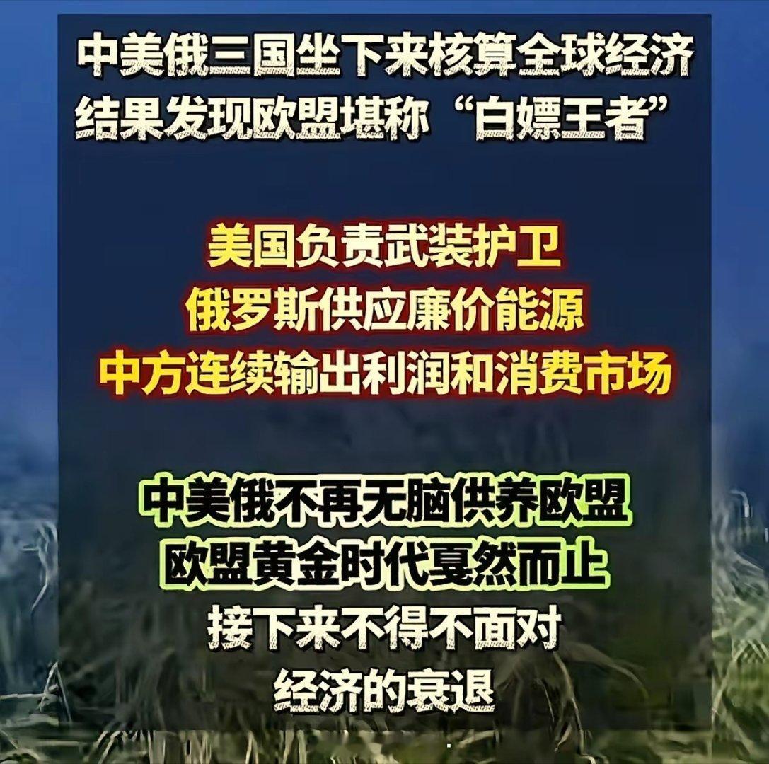中美俄三方先对了个账发现“欧盟”是白嫖王者。接着又对了个账，发现全世界唯一一个跟