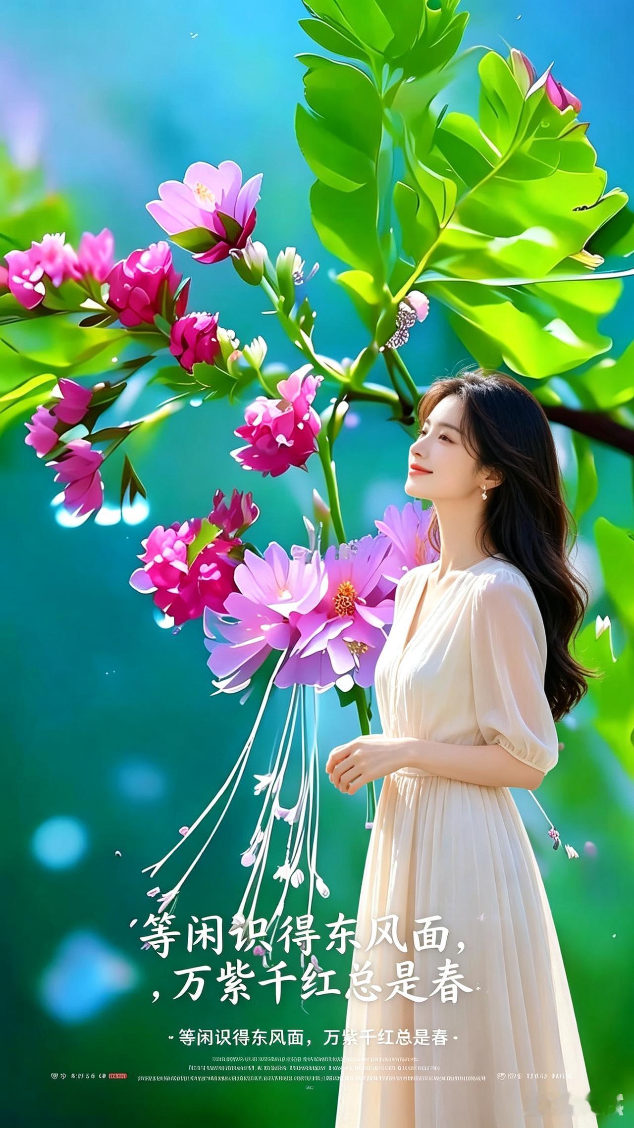 春日赏花春日枝头繁花绽，粉瓣垂丝美若画。鲜绿叶片衬艳色，清风徐来送香雅。
