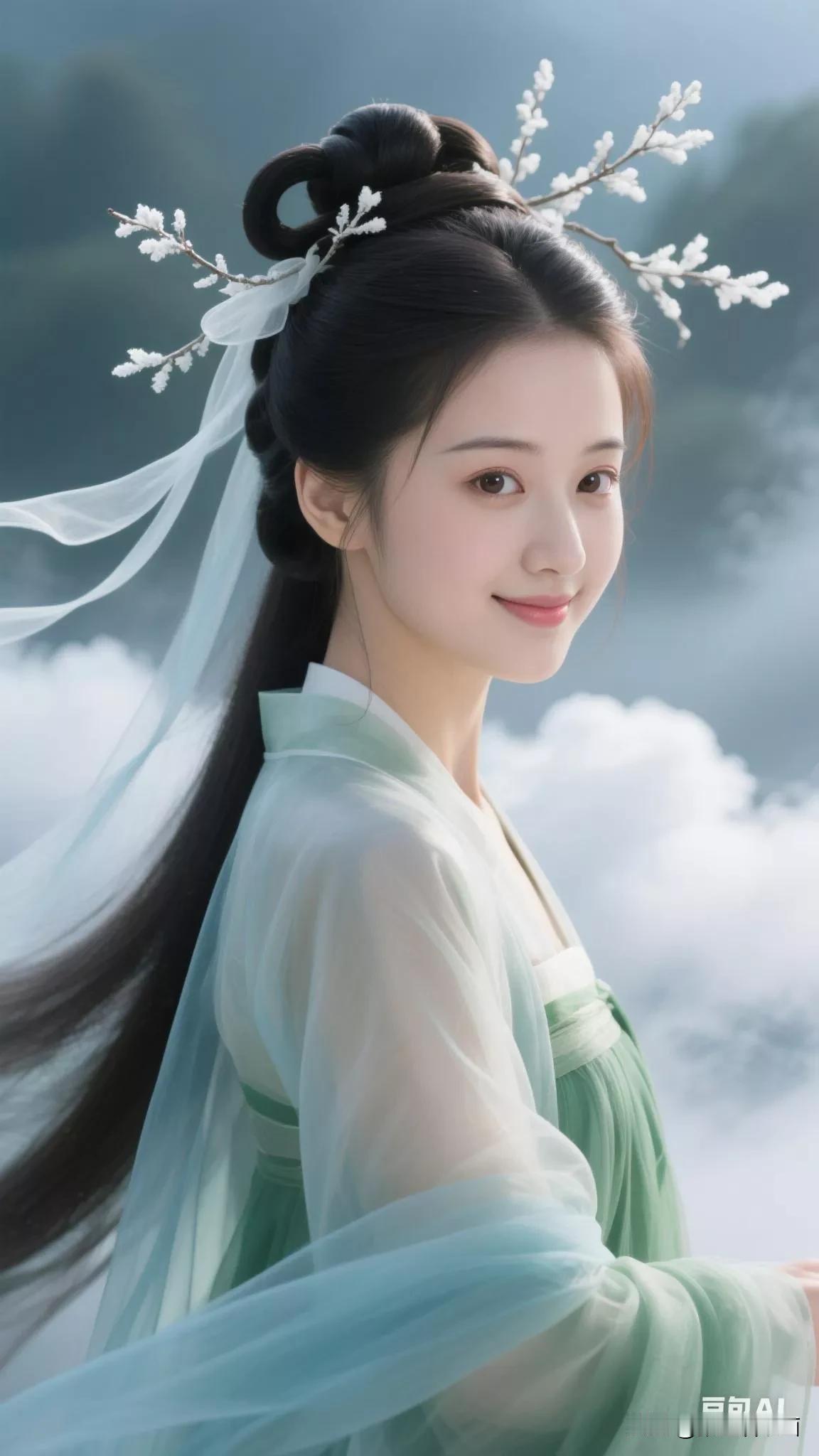 云鬓花簪映，轻纱拂面柔。张立启原创书画AI作品古仕女发髻集锦第284期。AI唐髻