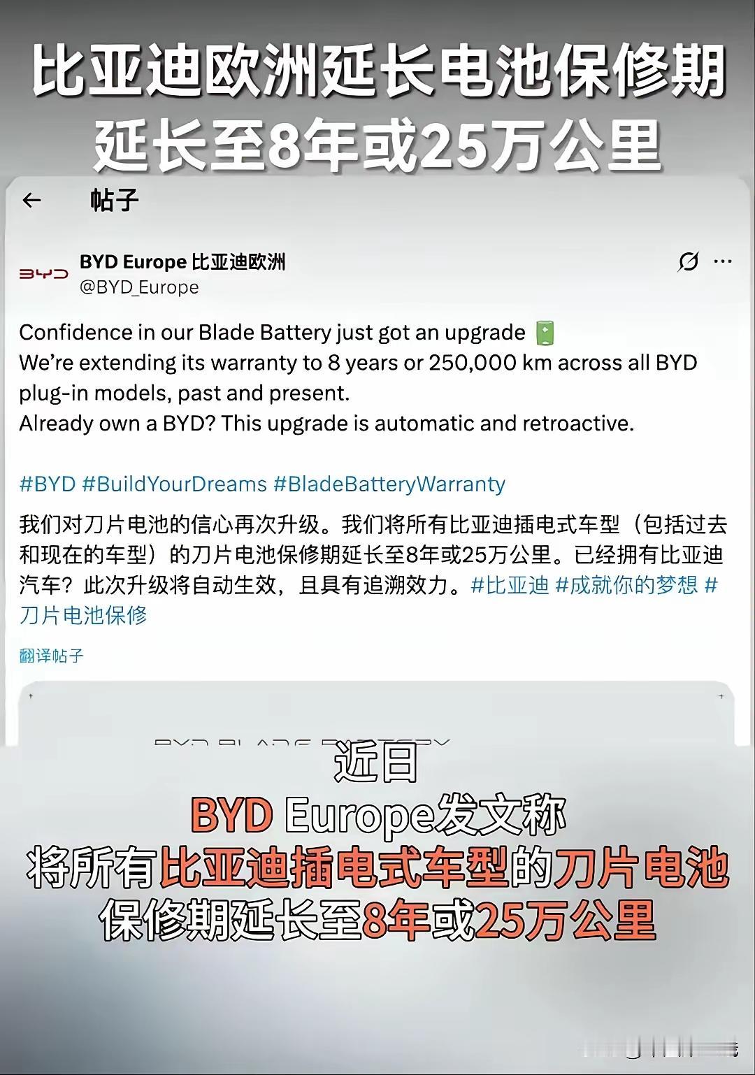 比亚迪在欧洲给电池保8年或25万公里，连老车主都管。国内这边，首任车主才能享受，