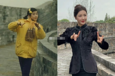 曾黎回家乡打卡，在古城墙旁复刻40年前的童年老照片​​​