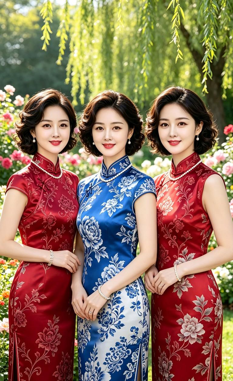 三胞胎姐妹，你认为哪一位旗袍的颜色好看呢？