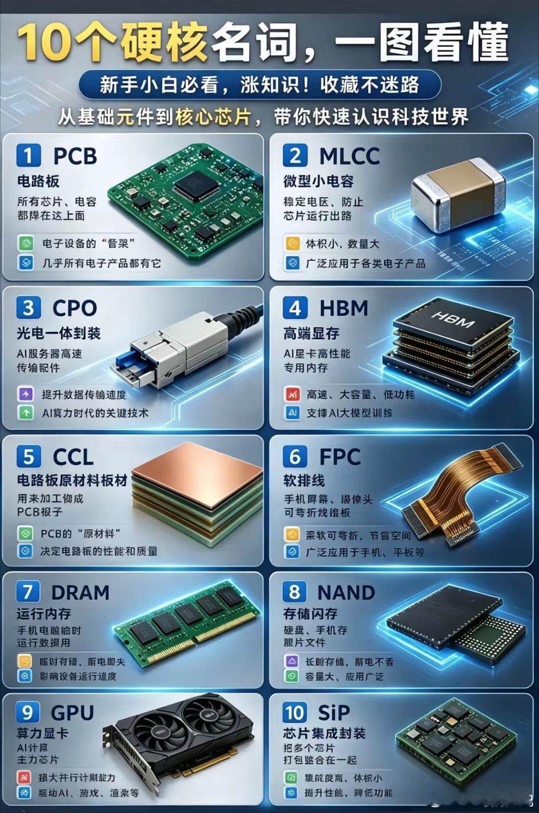 一图拆解十大硬核元器件当下AI产业行情轮番轮动，从光模块狂飙到存储抬升，不少散户