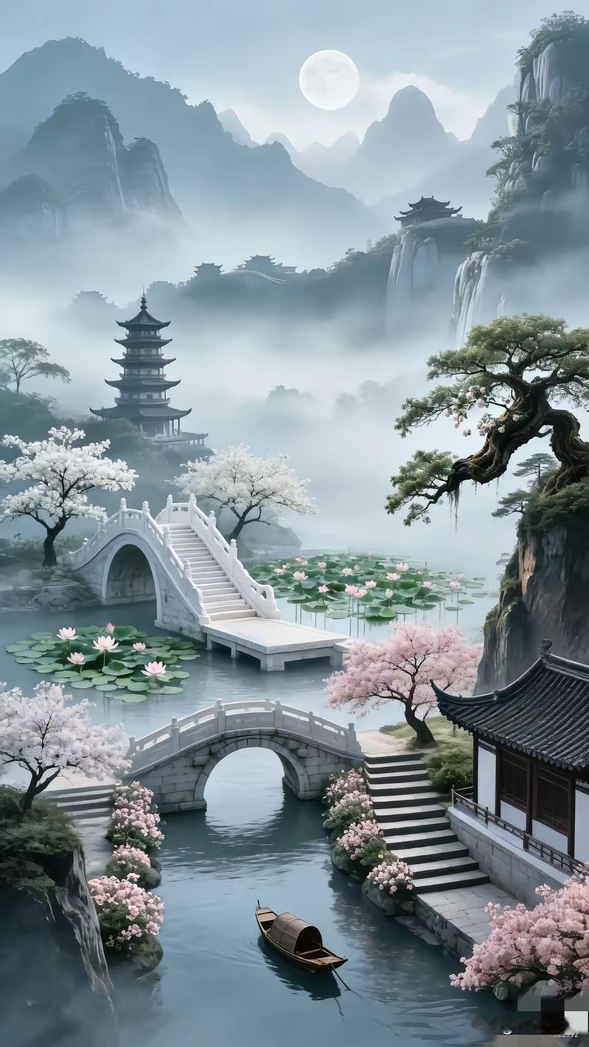 “仙境般的东方山水画，宁静与祥和的完美融合。”🌿🏯🌸