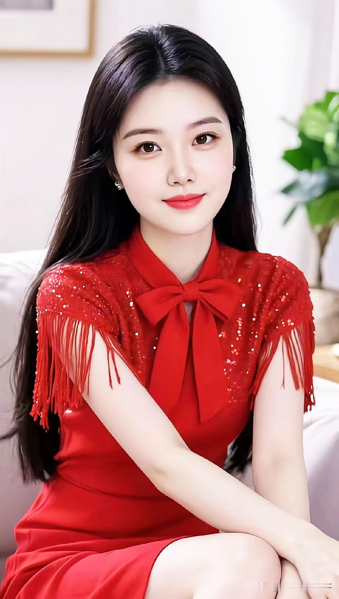 甜美红裙少女，闪耀的蝴蝶结，温柔微笑，元气满满！💖✨