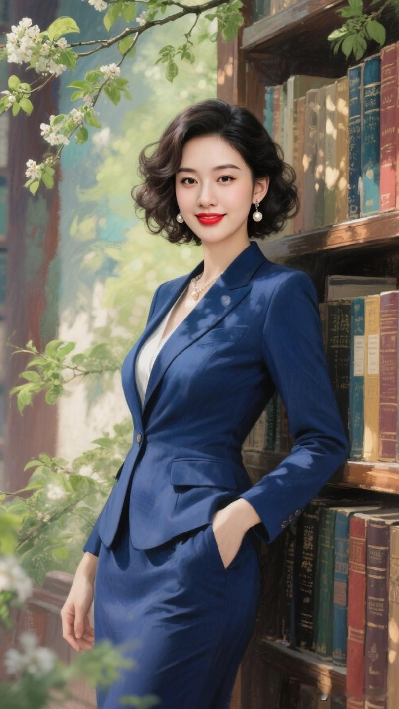 图书馆内，优雅蓝调萦绕，书香四溢，自信的美女宛如灵动的诗篇，成为一道不可忽视的亮