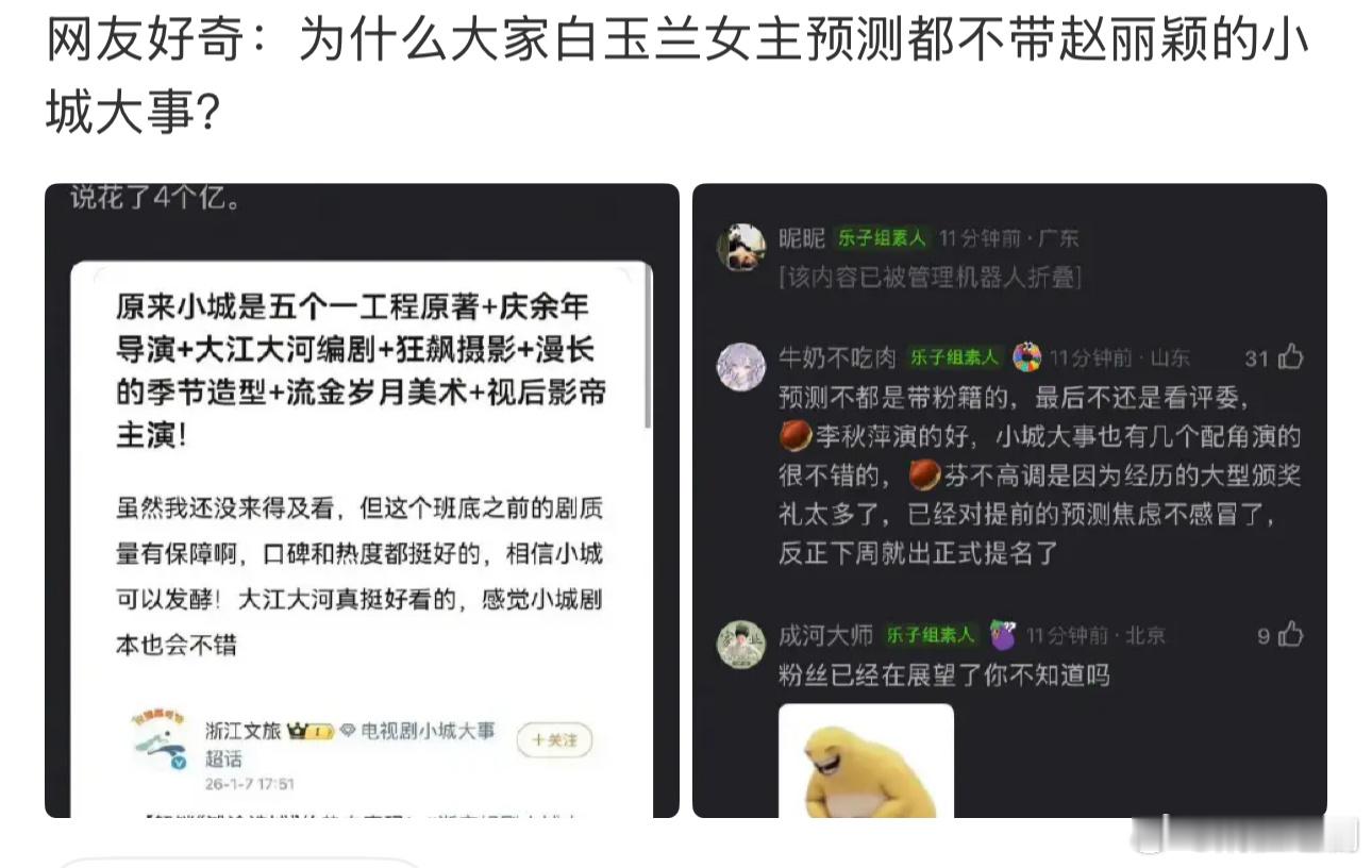 网友好奇：为什么大家白玉兰女主预测都不带赵丽颖的小城大事？