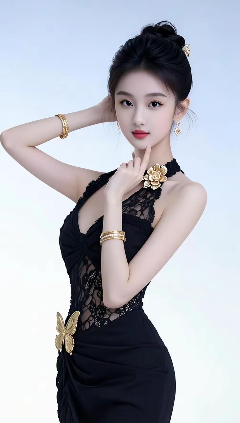 优雅黑裙，金饰点缀，尽显高贵气质