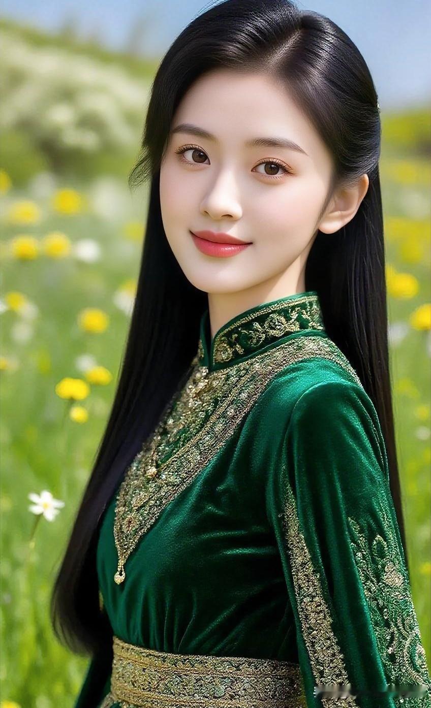 葱郁丝绒裹挟金缕华裳，青丝如瀑垂落。明眸流转间，笑意点亮繁花芳野，宛若林间精灵，