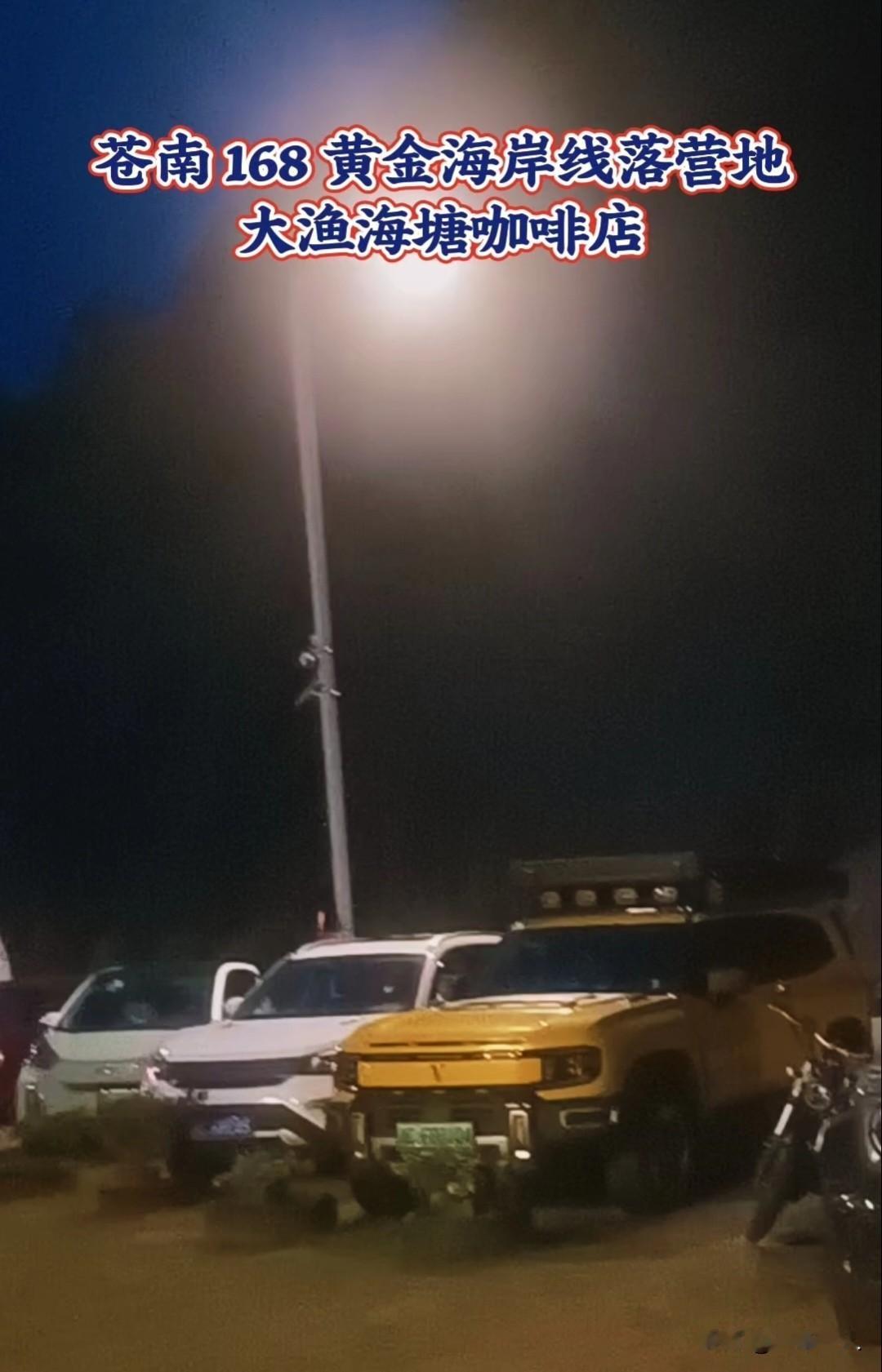 自驾营地推荐苍南168黄金海岸线落营地，大渔海塘咖啡店夜景超有氛围！路灯下几辆越