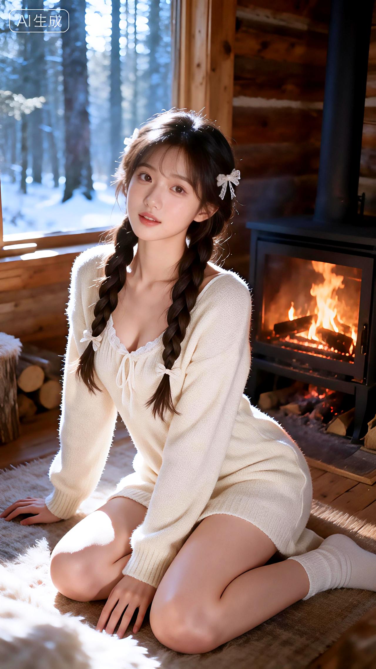 炉火摇曳映睡裙，抱膝笑颜暖如春。豆包壁纸