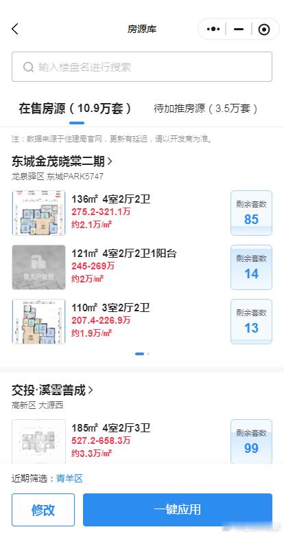 2026.1.5记录房小团上面的待售数据：整体在售10.9W+待售3.5W成华：