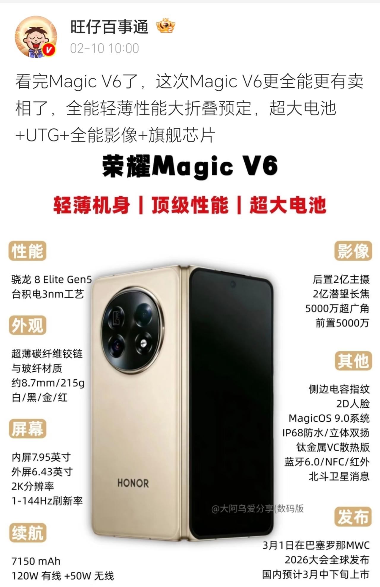彻底杀疯了！荣耀MagicV6硬件配置不再留一手，直接拉满，这下怕是够友商喝一
