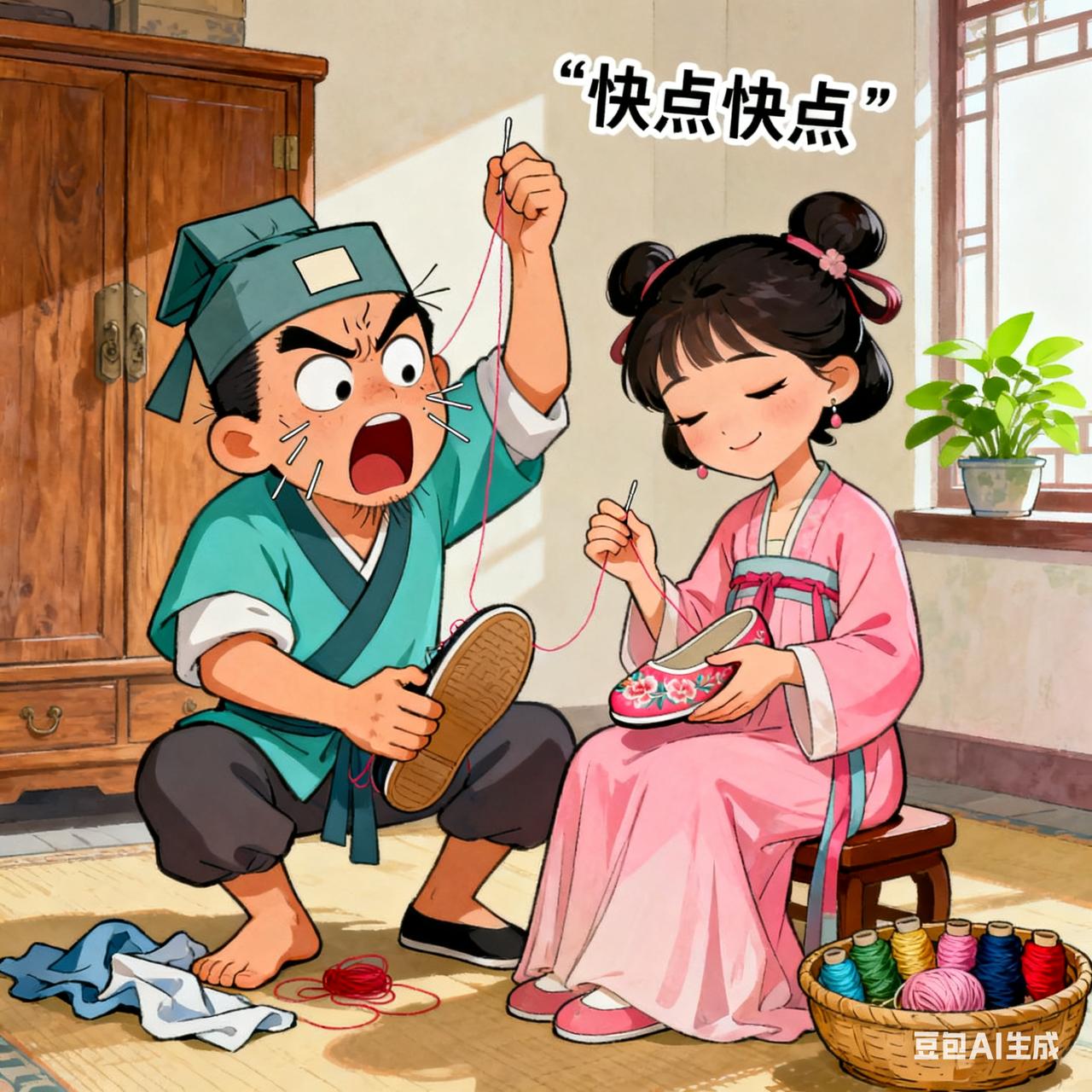 古代夫妻搞笑段子有对夫妻，丈夫毛躁，妻子慢性子。这天要给儿子做新鞋，丈夫拿起