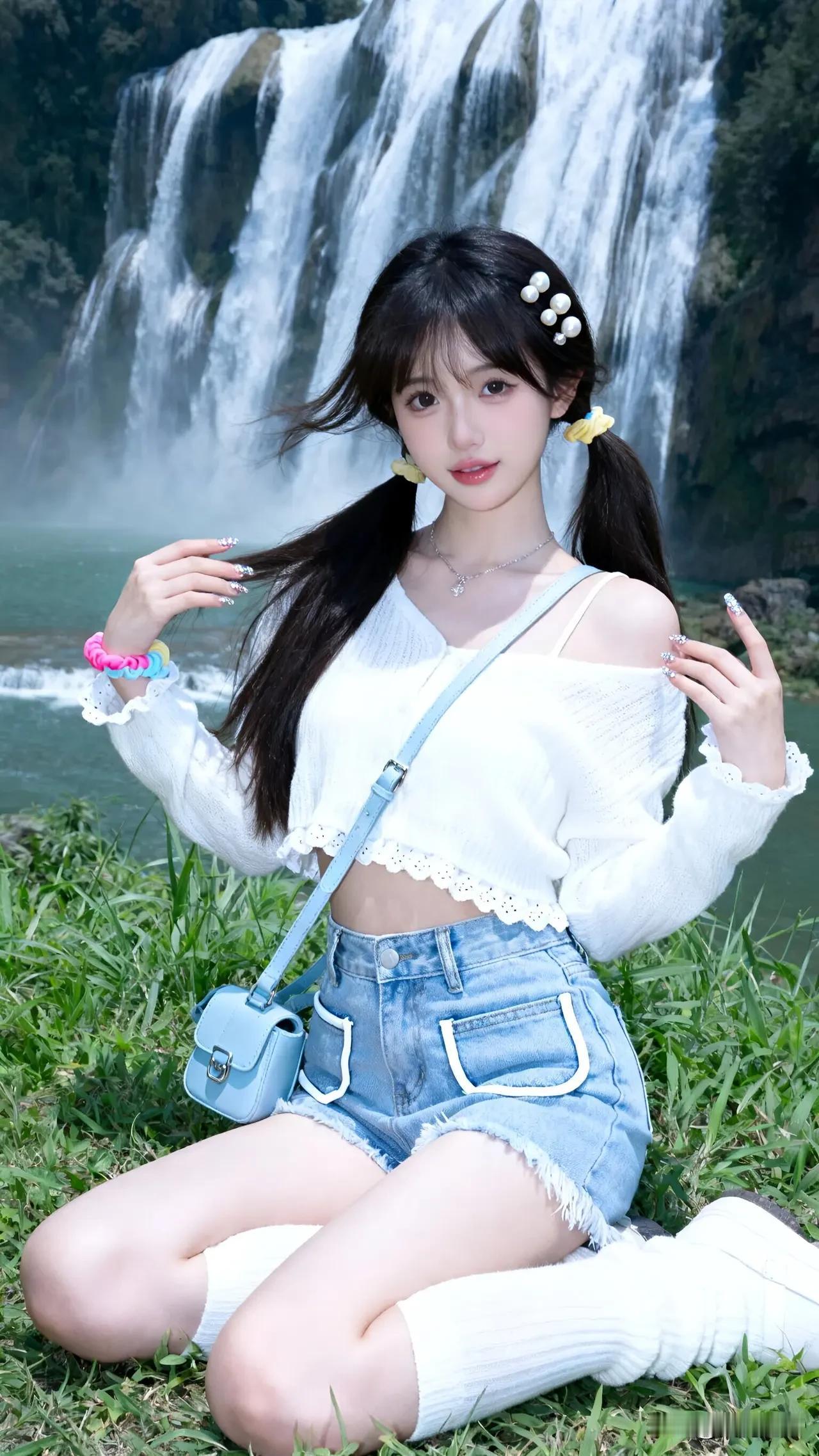 光之影瀑布前的甜美少女，白色上衣与牛仔短裤的清新搭配，自然风光中的甜美瞬间。