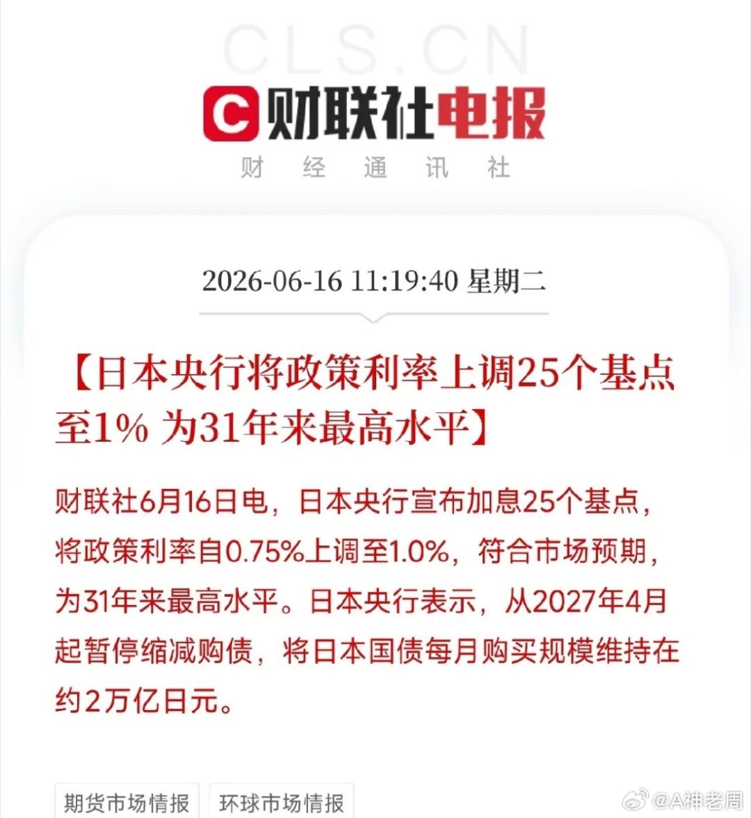 突发！日本央行加息至1%，创31年新高，全球低利率时代终结了？6月16日，日本央