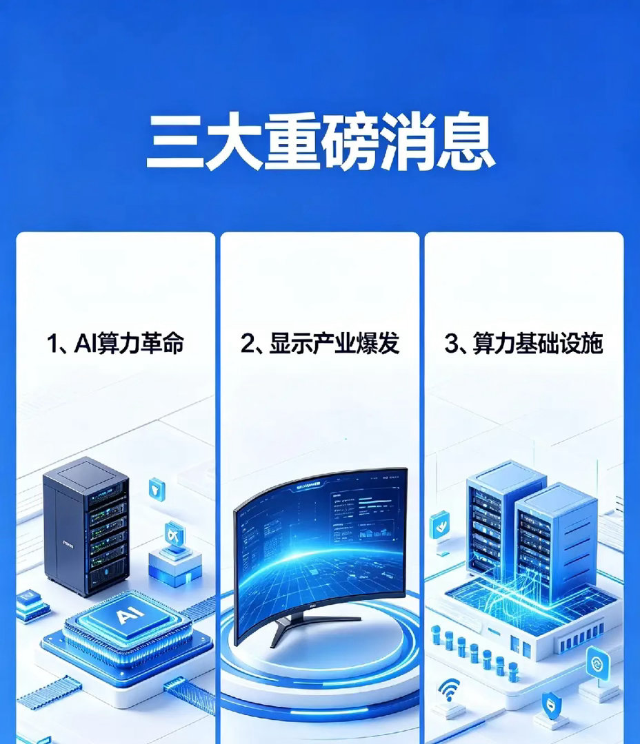 市场传来三条消息：1、AI算力革命；2、显示产业爆发；3、算力基础设施 一、De