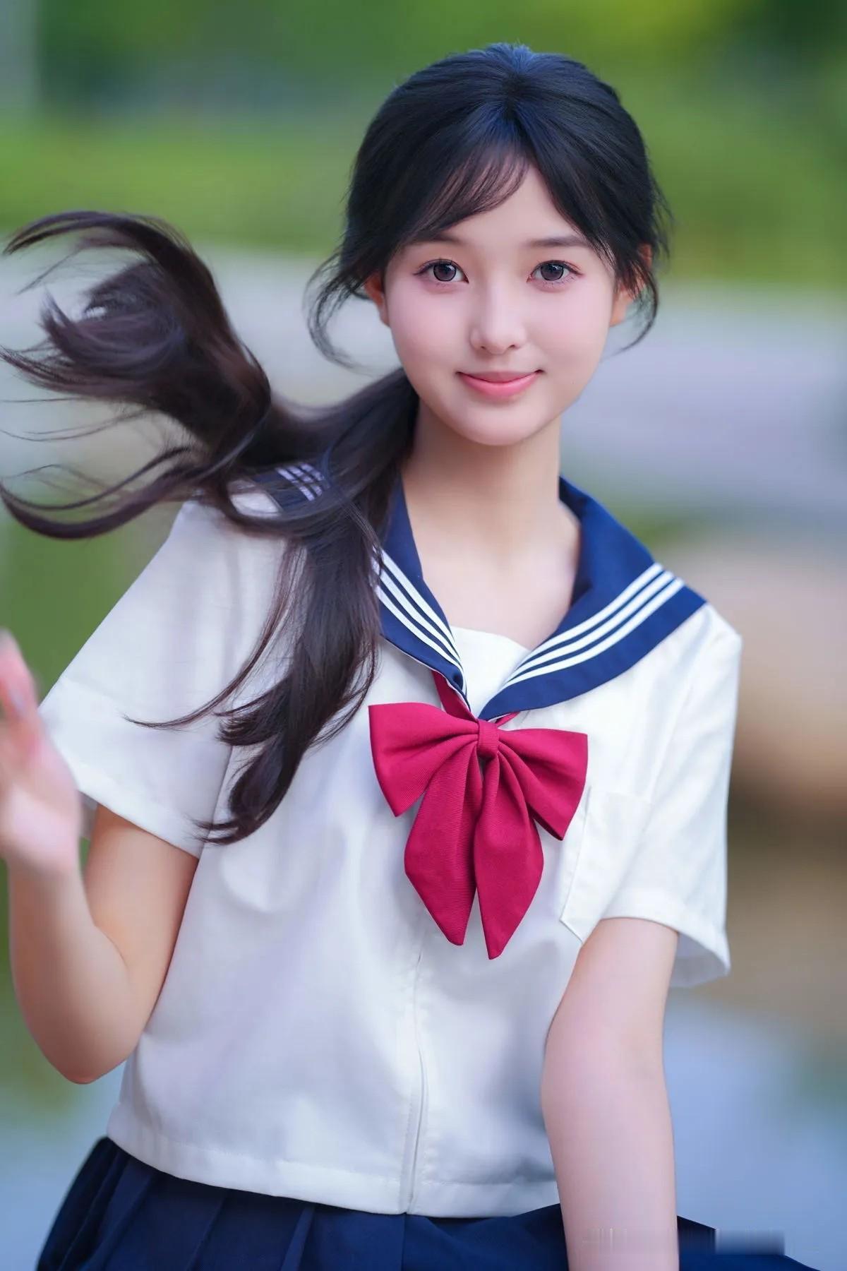 微风撩起发梢，水手服少女眨眼一笑，青春气息瞬间拉满，这画面太甜啦！元气甜心范