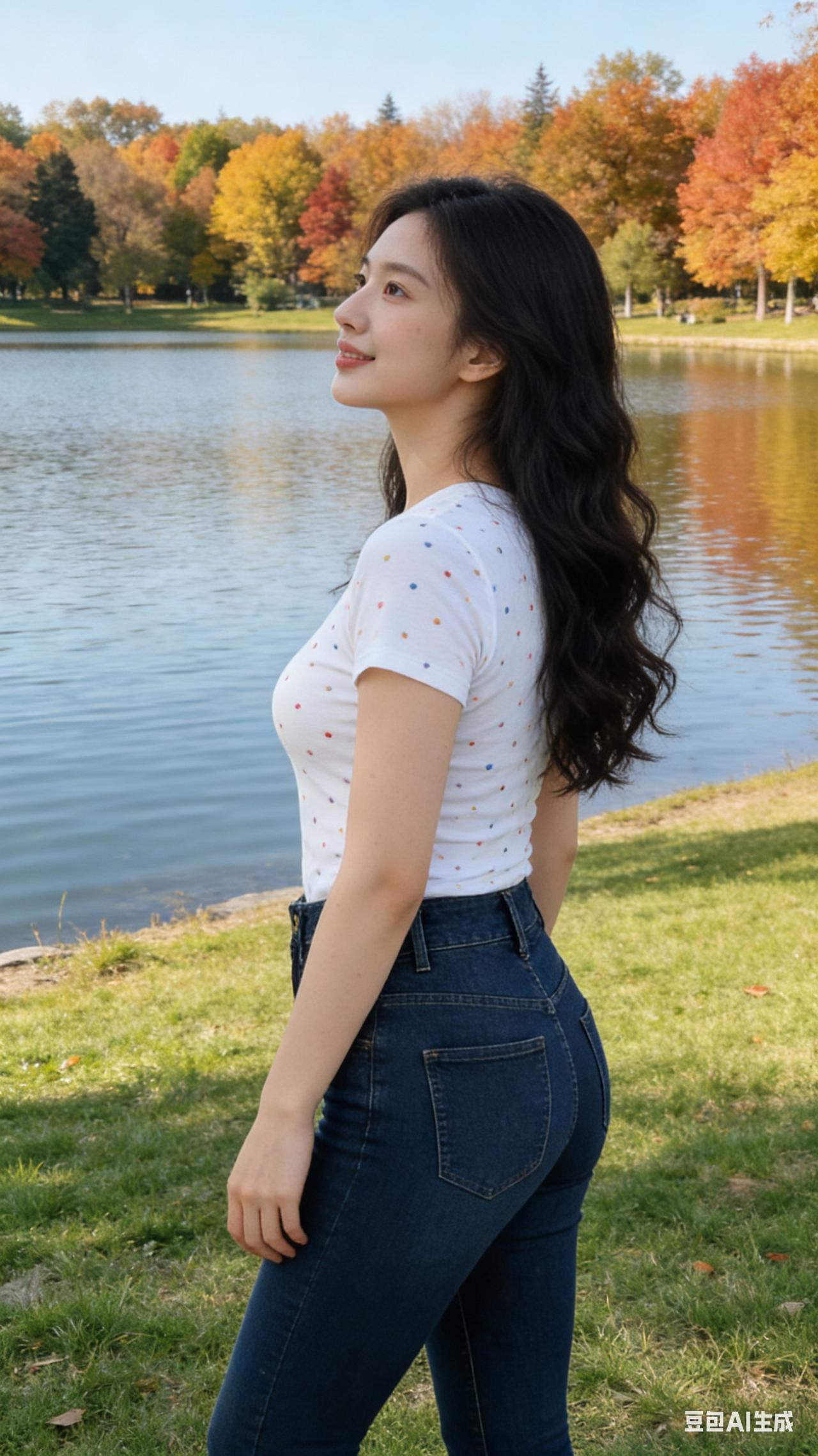 高级感秋日户外人像写真，模特为气质温婉的东亚女性，黑长卷发造型，身着白色彩点修身