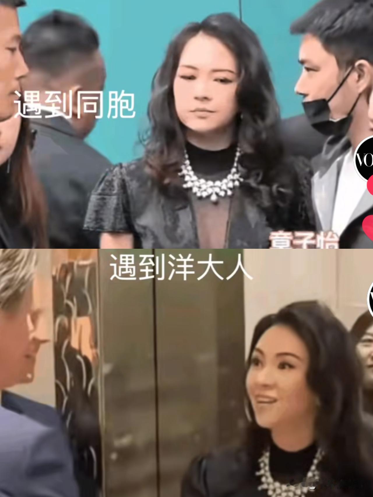 章子怡怎么还两副面孔，一见到自己的同胞，脸上表现出了不高兴，甚至有一种“瞧