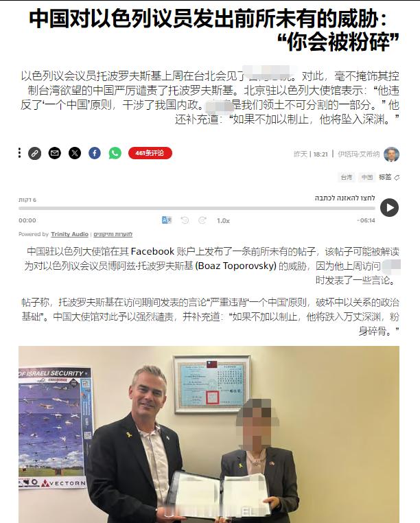 以色列媒体对于我方指责以色列议员博阿兹·托波罗夫斯基窜访对岸的报道，文中将我国的