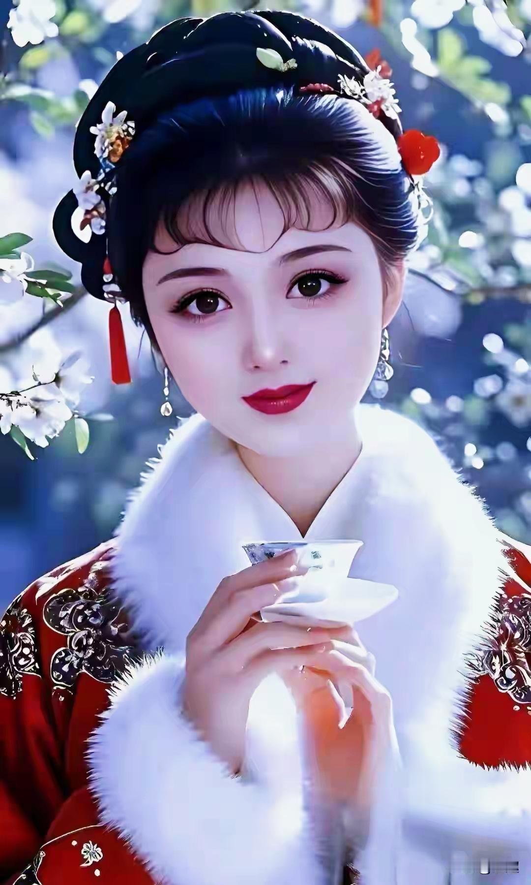 古风美人手持茶杯，红唇轻启，韵味十足。