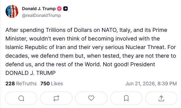 美国总统再次批评意大利总理乔治·梅洛尼在与伊朗的冲突中没有支持美国。“在美国为
