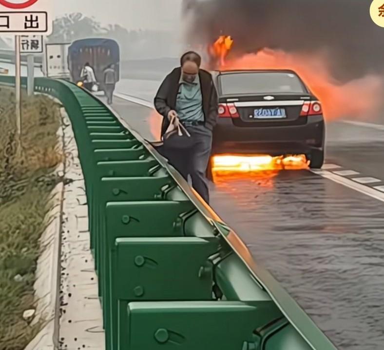 高速路上大哥的车突然起火，然后大哥便单手插兜头也不回的走了，网友说，大哥是怎样