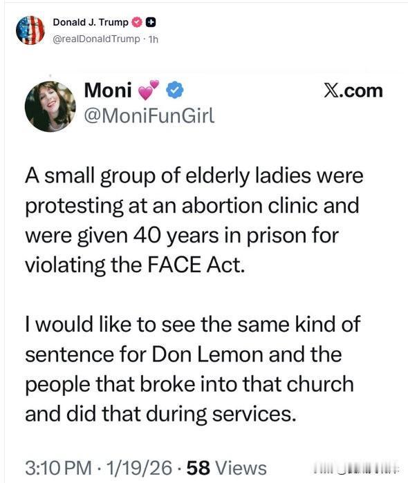 川普转发贴文，称要给闯入教堂闹事的人严厉的判决。“一小群老太太在堕胎诊所外抗议