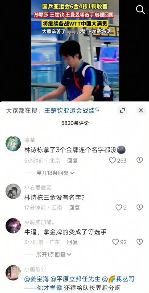牛，拿了三块金牌的林诗栋变成了等选手[捂脸哭]林诗栋亚运三金没名字搞不懂​​​