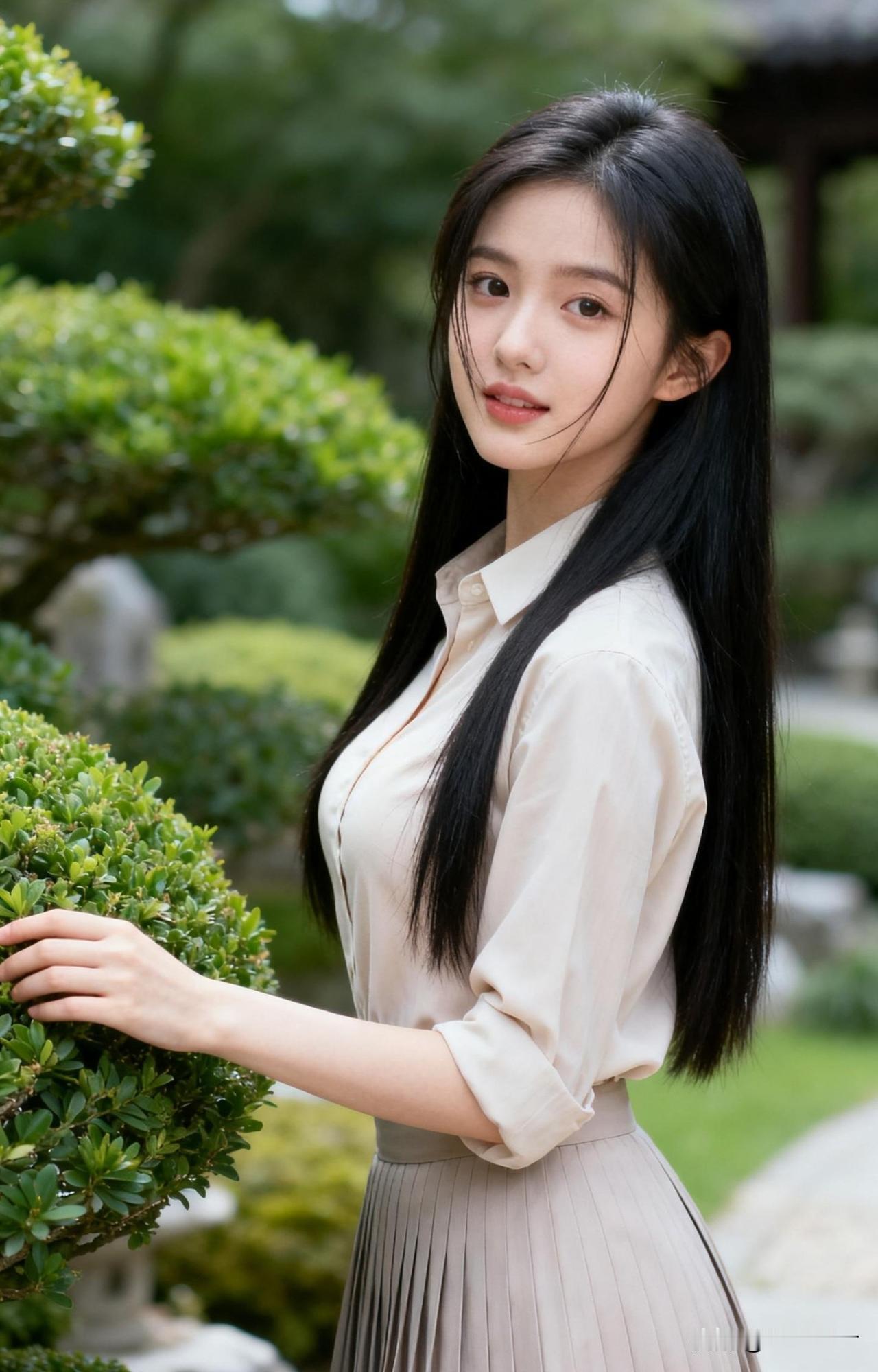 在古风庭院中，黑发少女轻抚绿植，静谧而优雅。