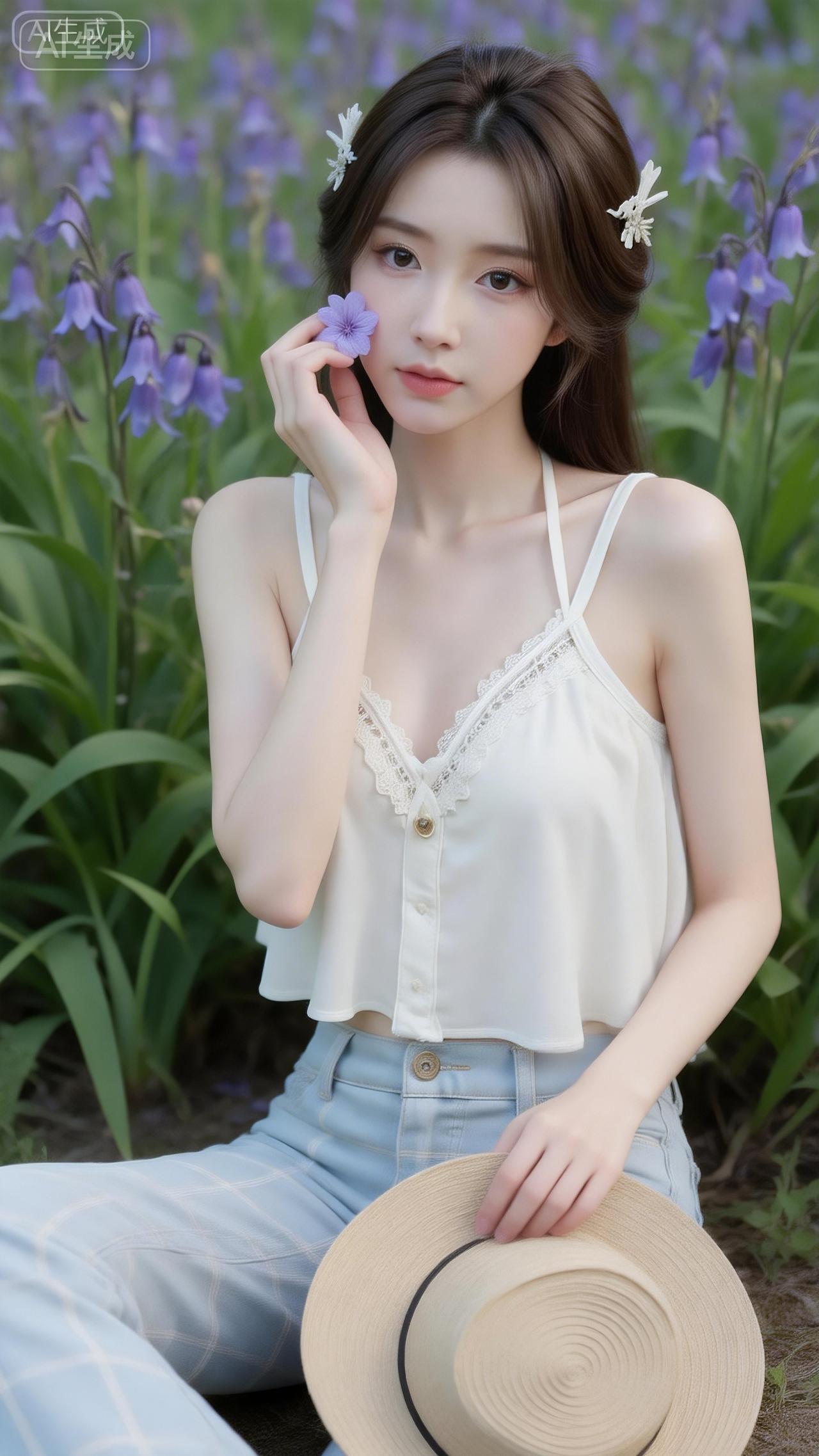 花田中的清透系少女米白蕾丝吊带搭浅蓝格纹裙，像把初夏的风穿在了身上~草帽和