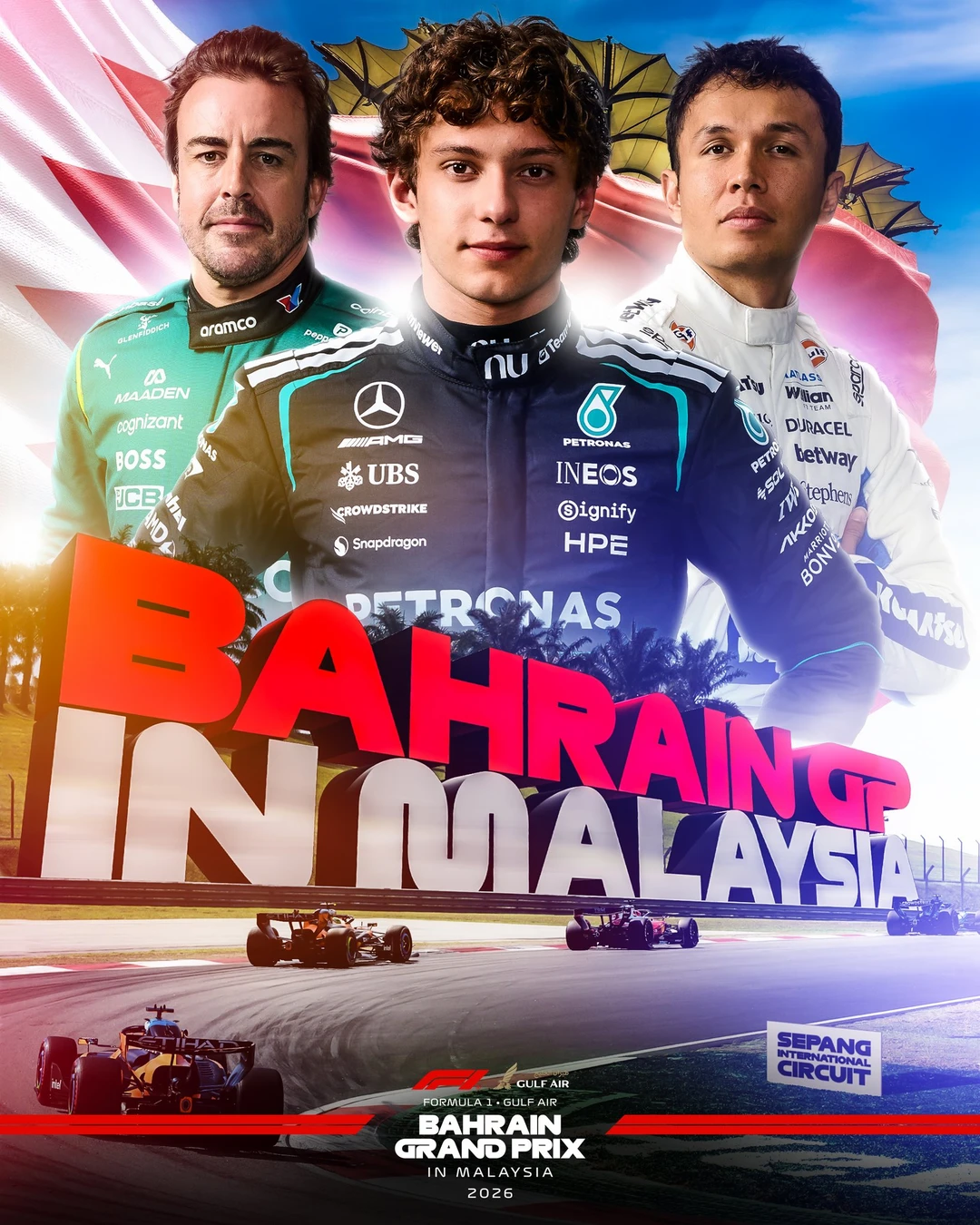 本周2026赛季F1巴林🇧🇭大奖赛马来西亚🇲🇾站官方海报👀海报上