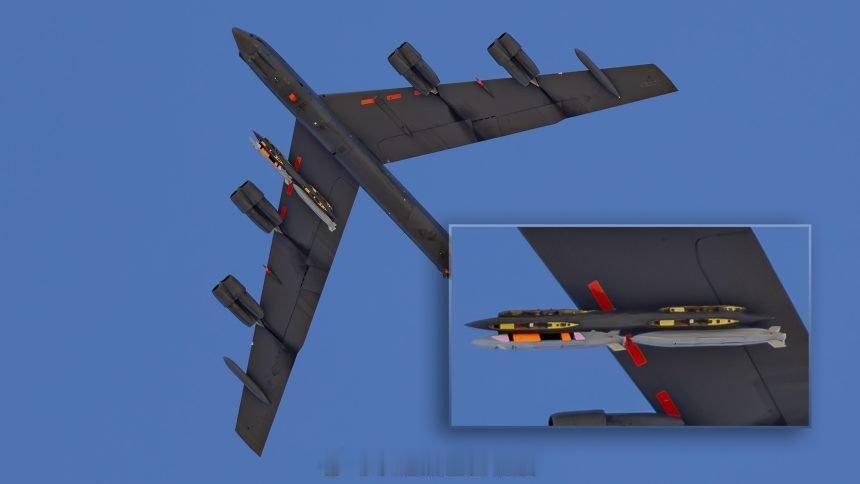 美国空军B-52H同温层堡垒在加利福尼亚州欧文斯谷上空被拍摄到，携带一种神秘的新