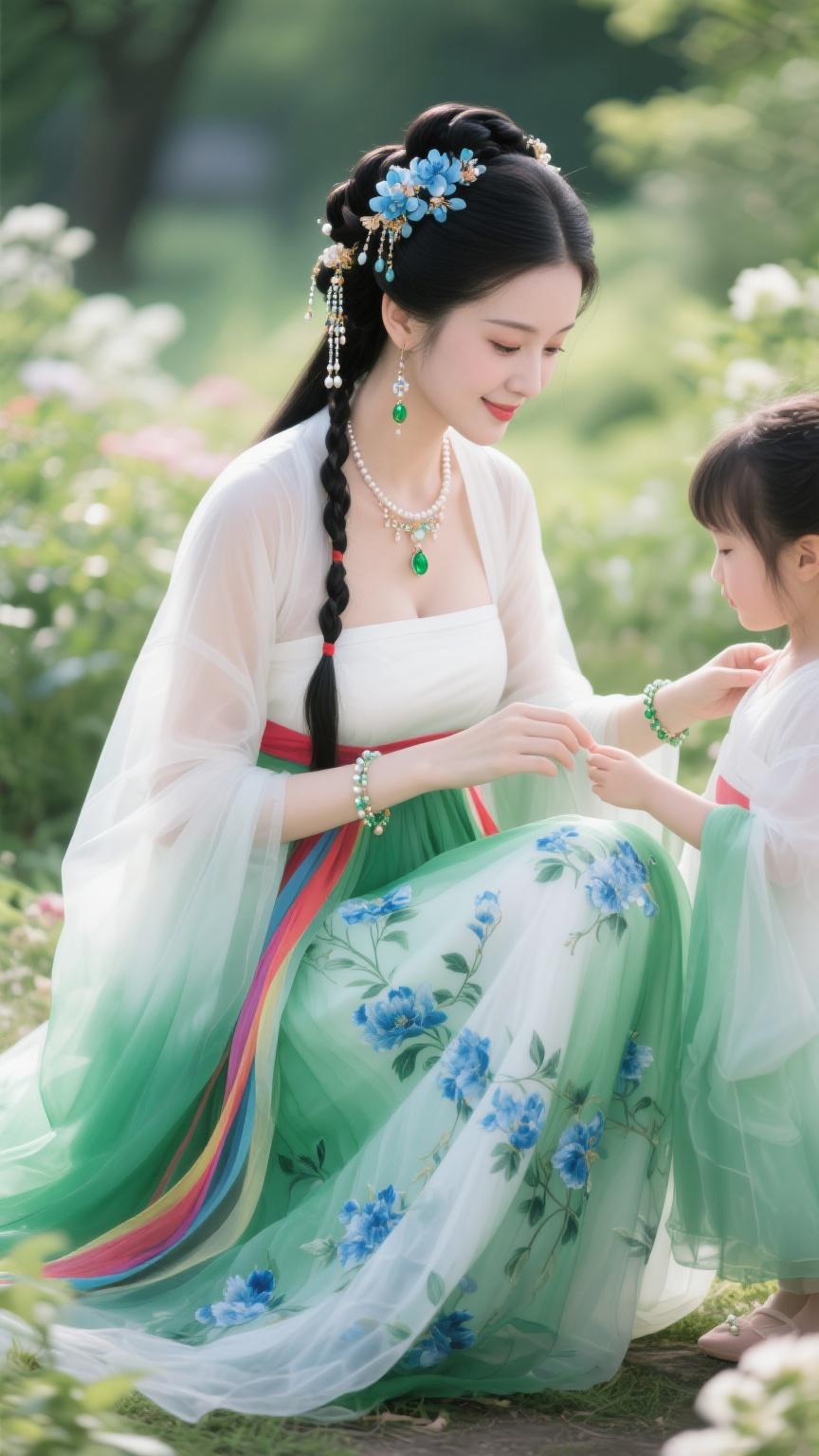 《南歌子·花径弄妆》绿袂凝香露，蓝簪绾翠云。花前轻整小罗裙，笑把珠钿、替