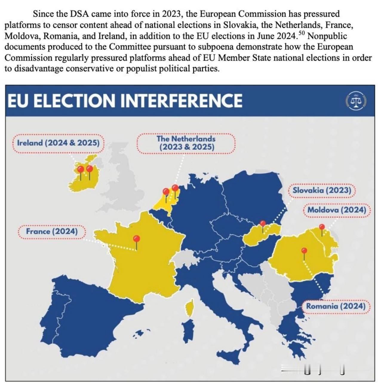 🇺🇸美国国会司法委员会发现，2023年至2025年间，欧盟委员会严重干预了六