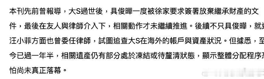 曝前夫在试图追查大S海外财产大S离世已逾一年半，但其身后的遗产争议却从未停歇