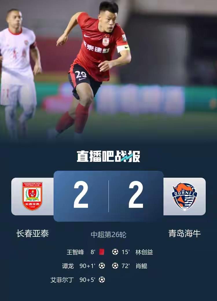 补时两连击，近90分钟少1人的长春亚泰上演绝平大戏，继续征战中超命不该绝。谁