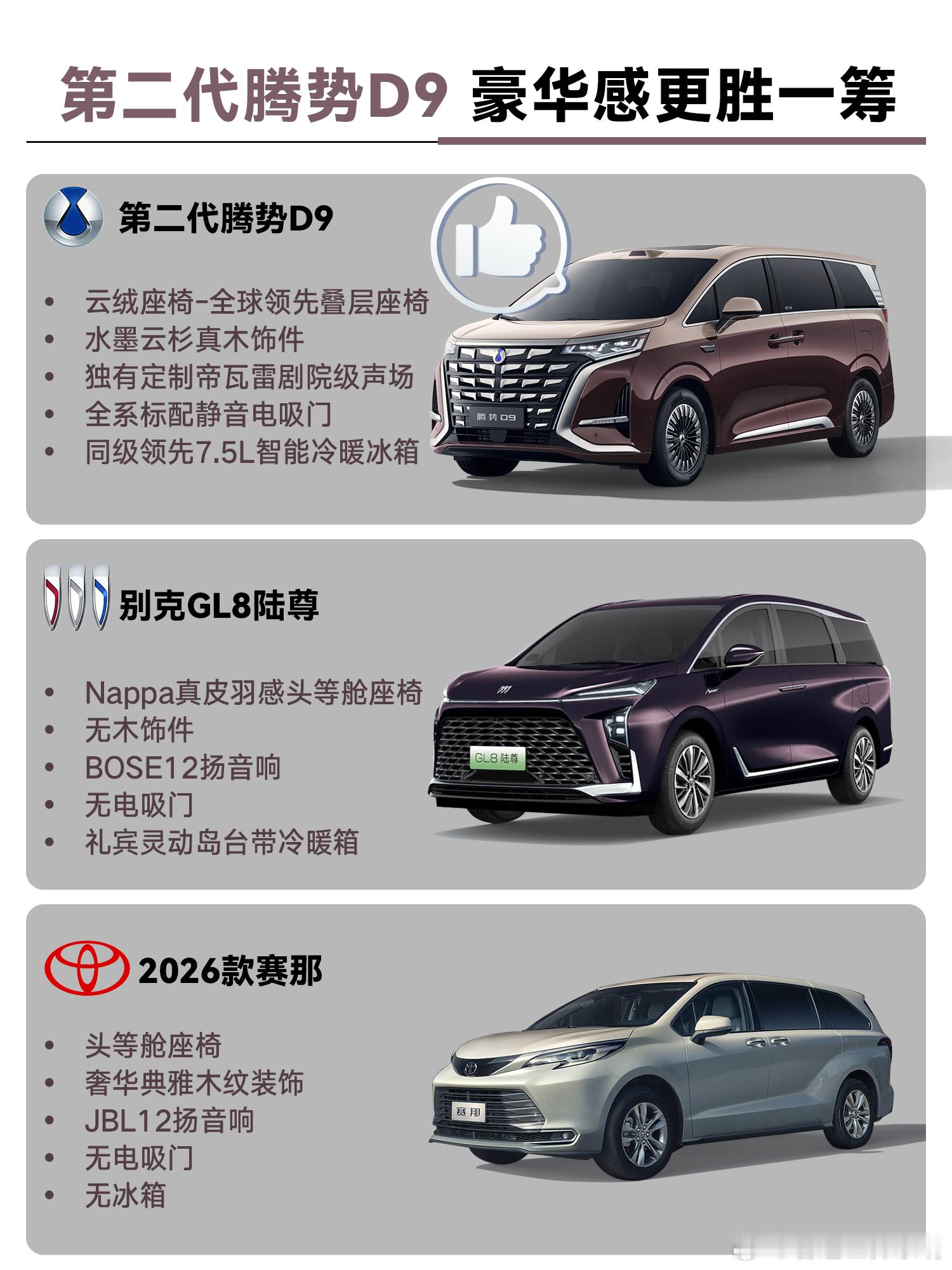 我终于明白为什么大家都说第二代腾势D9是“六边形战士”了！对比了GL8和赛那的各