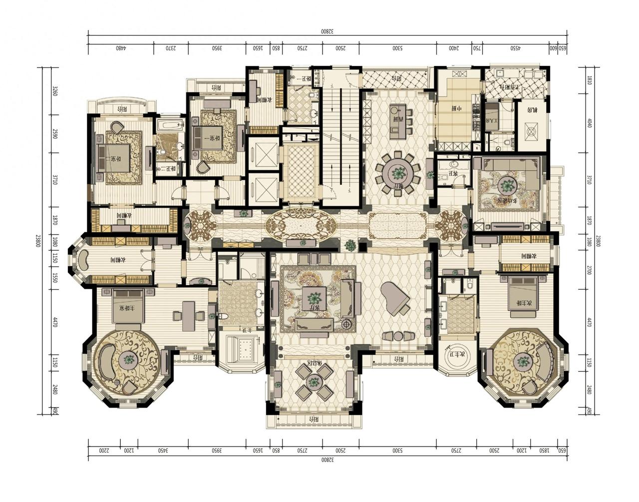 这个房子过于优雅。面积超过了668.8㎡，四个卧室，还有一个影音室，中间的客厅完