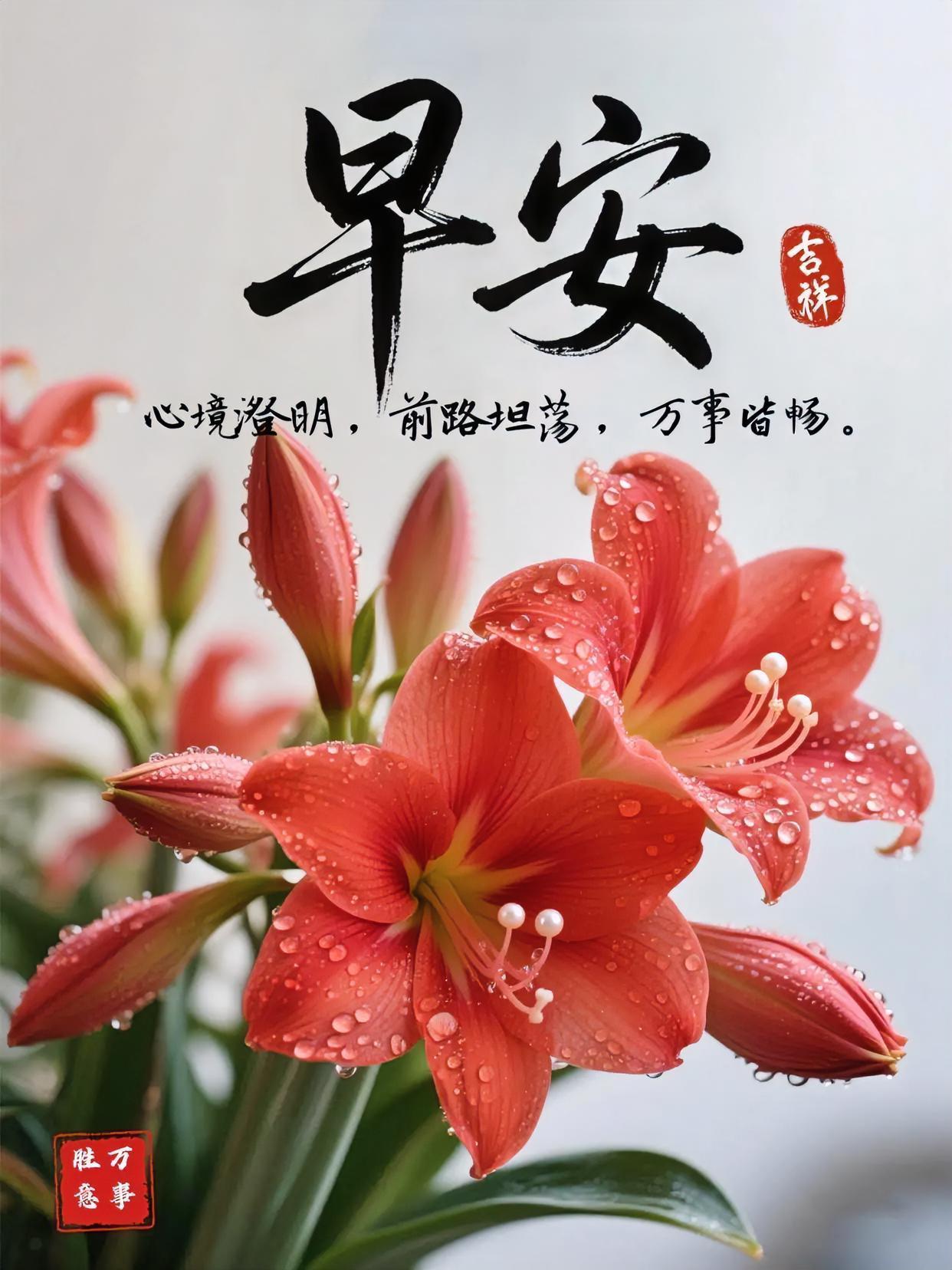 晨露吻花红，早安吉祥！心境澄明，前路坦荡，万事皆畅，胜万意事。